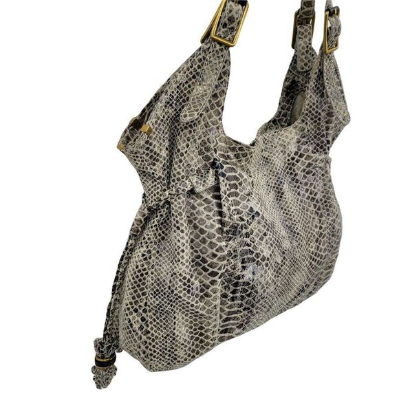 Elliott Lucca Leather Gray Cream Snakeskin Large Hobo Shoulder Bag Tassel Detail - Picture 9 of 14